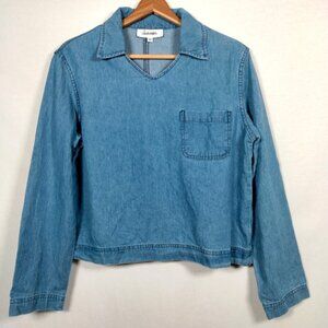 J Jill Shirt Women Medium Blue Chambray Long Sleeve V Neck Collared Classic USA